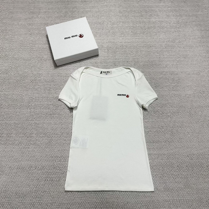 9A+ quality miu miu boat neck logo sail embroidered cotton t-shirt